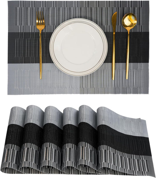 Placemats Set of 6，Non-Slip PVC Weave Table Mats Easy to Clean，Heat Resistant Place Mats for Kitchen Dining Table Decoration Indoor Outdoor，Black Gray