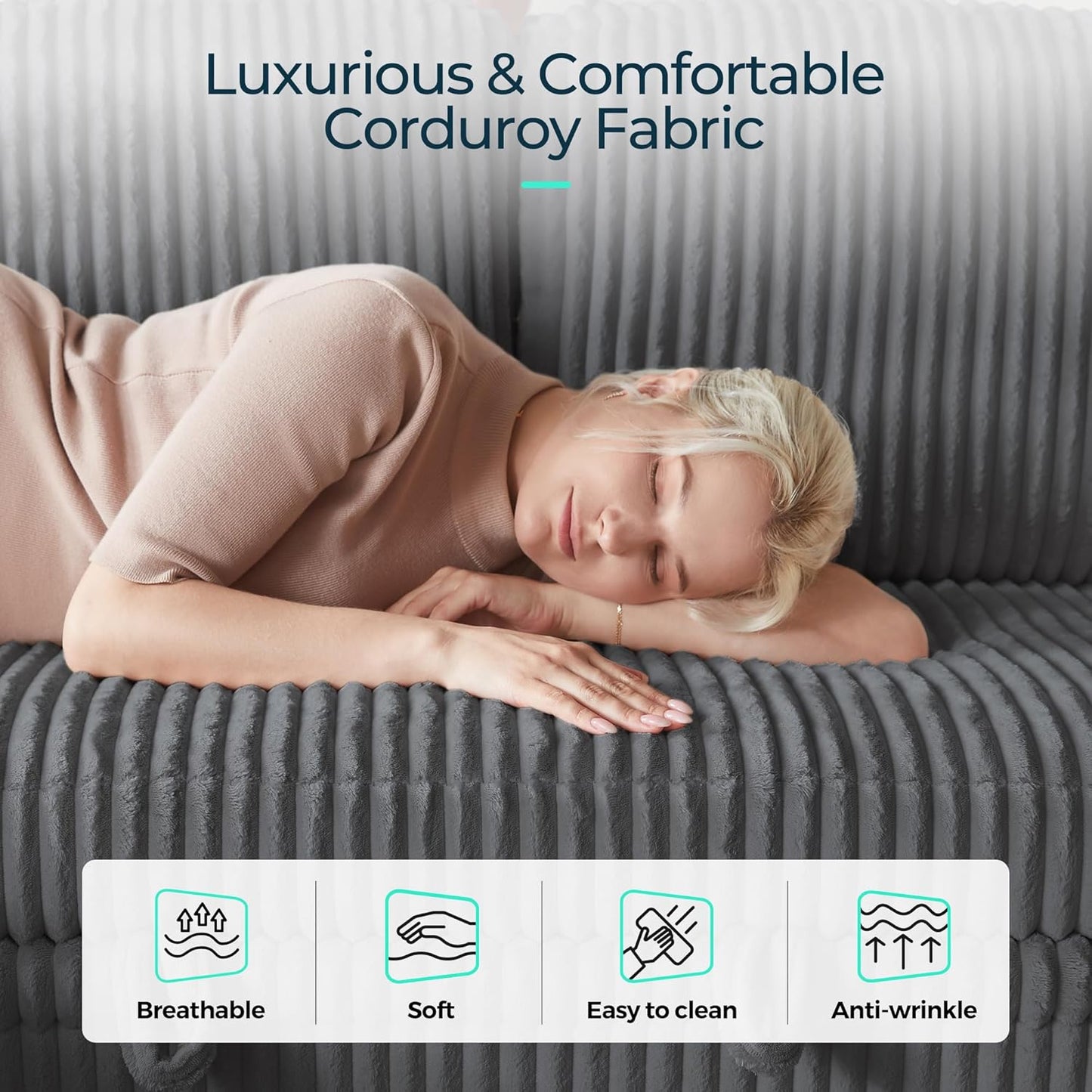 LINSY HOME Sectional Sleeper Sofa with Pull Out Couch Bed - Convertible Plush Corduroy Cloud Couch with Storage Chaise & USB Charging, Comfy L Shaped Modular Couches for Living Room Apartment (Grey)