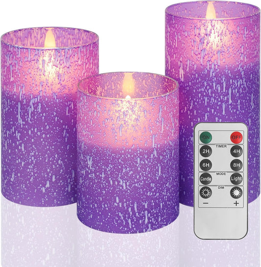Purple Flameless Candles with Remote and Timer, Flickering Real Wax Battery Operated Candles, Set of 3 LED Pillar Candles for Halloween Christmas Wedding Home Decor