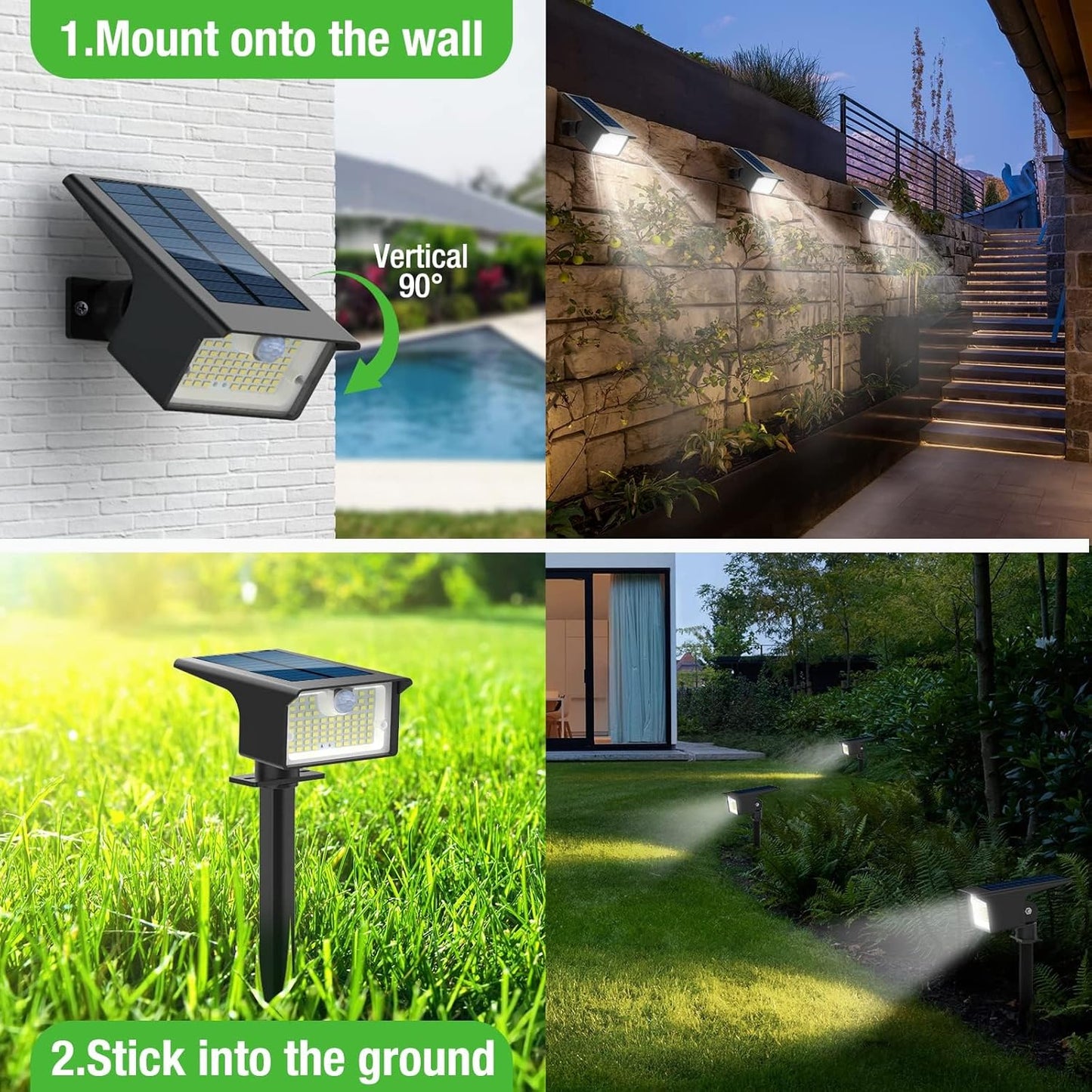 nipify Solar Spot Lights Outdoor, 3 Pack/62 LED Solar Motion Sensor Lights Outdoor Waterproof, 3 Modes Solar Powered Landscape Spotlights 2-in-1 for Outside Yard Wall Garden, Cool White
