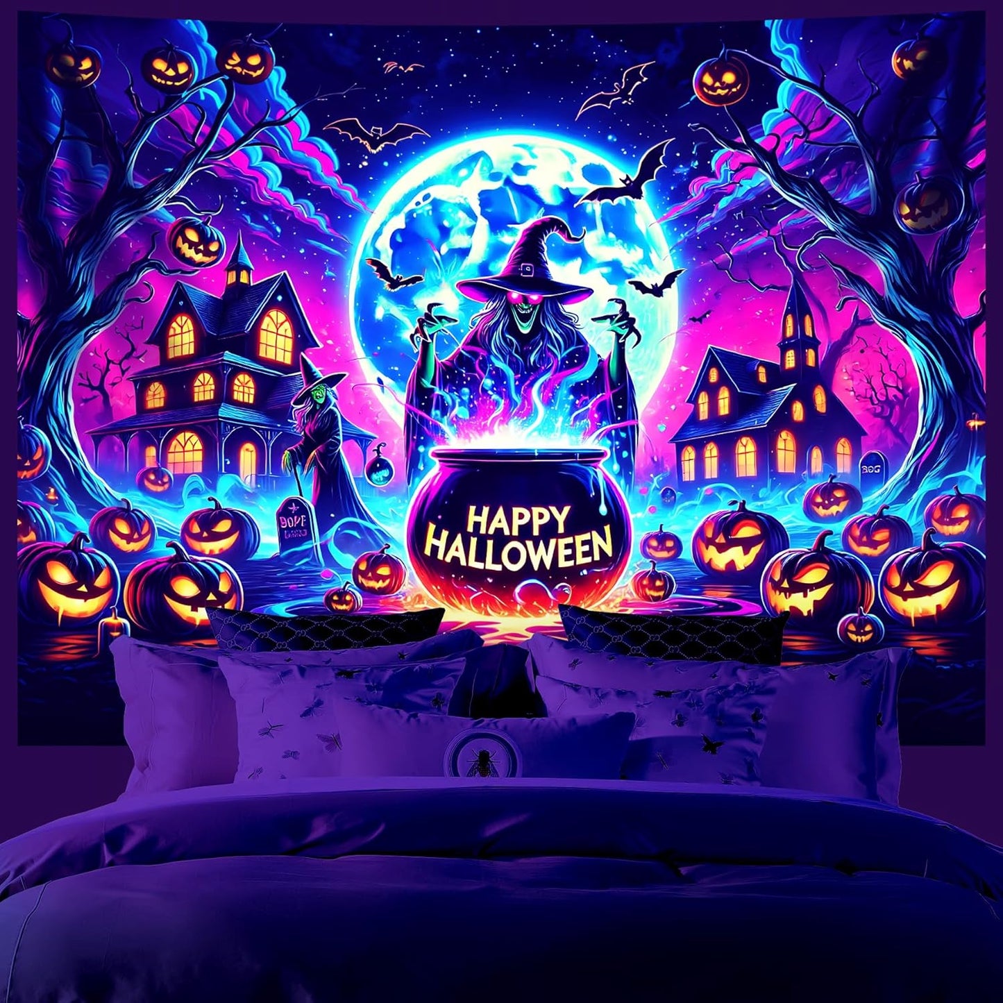 AOHMPT Glow-in-the-Dark Halloween Tapestry - UV Reactive Black Light Wall Hanging Decor for Spooky Parties, Bedroom, Living Room (Witch-Haunted House, 79L x 59W, Unframed)