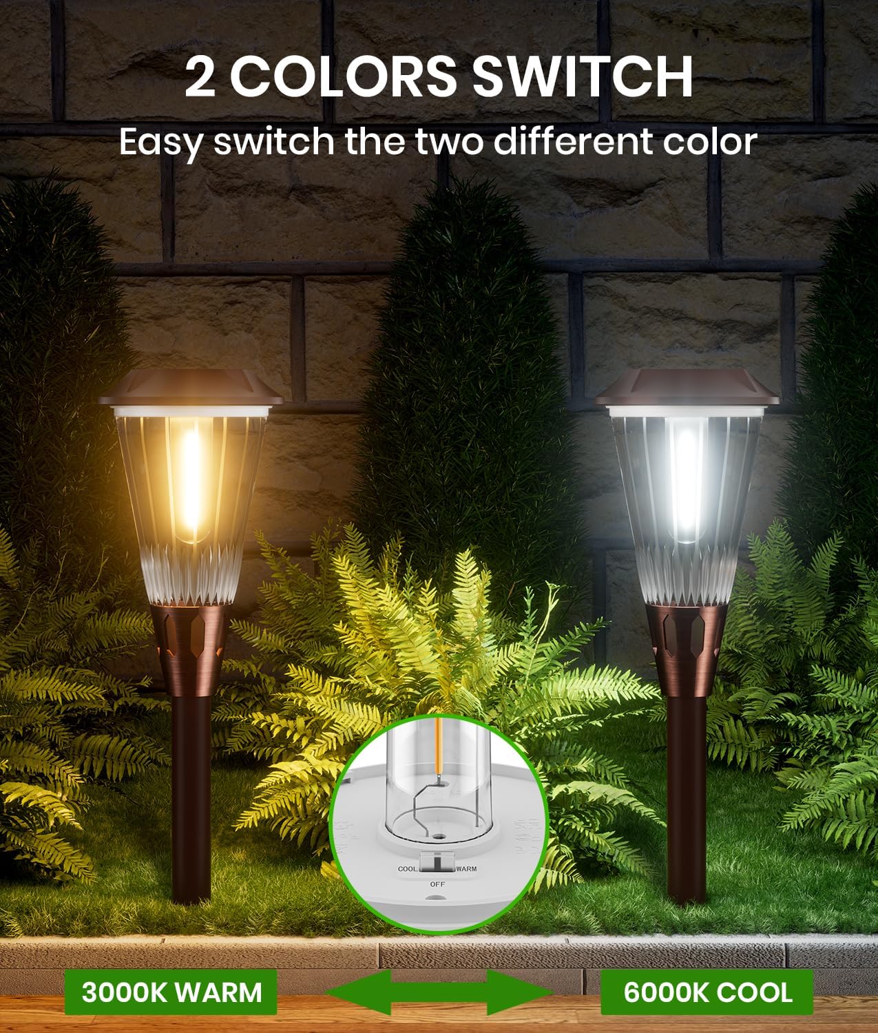 Super Bright Solar Pathway Lights 2 Pack, 2-in-1 Warm&Cold Light 3000K/6500K Waterproof IP65, Outdoor Solar Powered Lights for Garden,Path,Yard,Driveway,Landscape