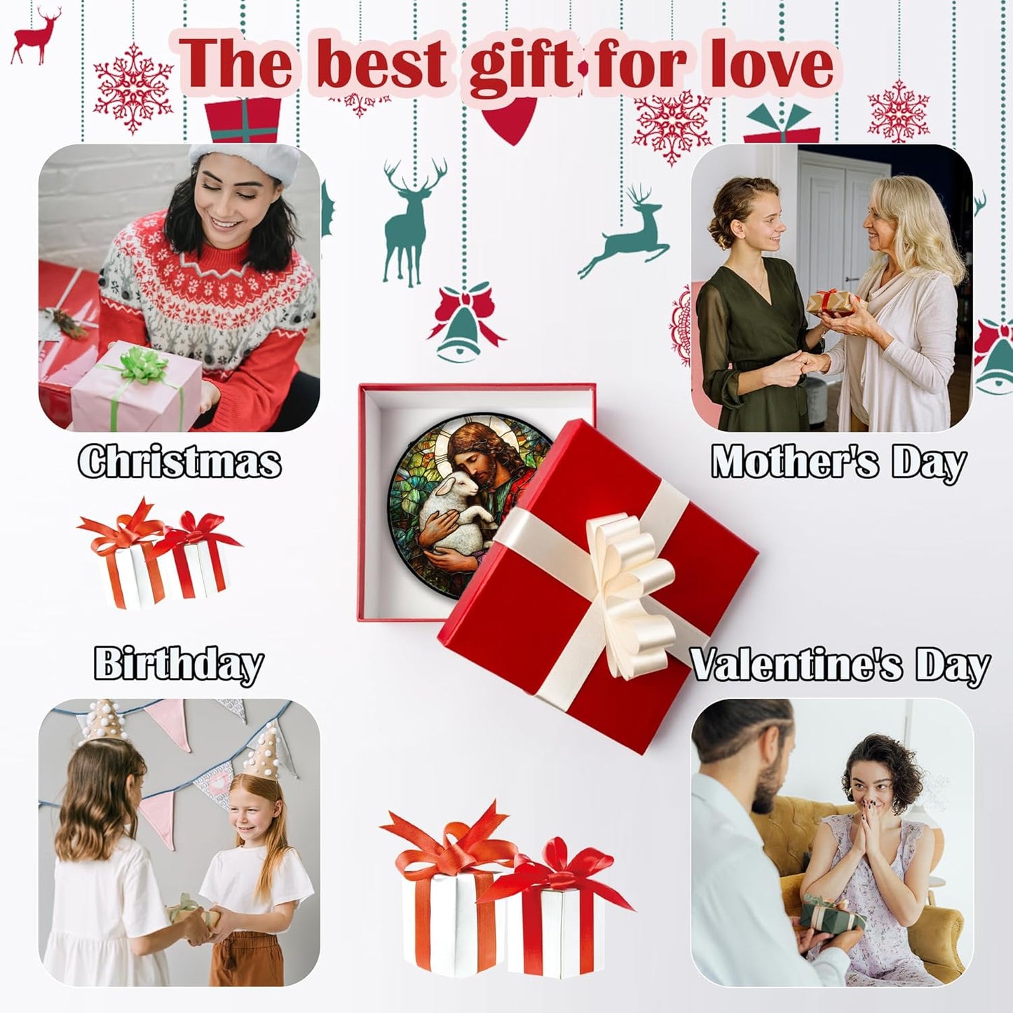 Stained Glass Window Hanging, Jesus Little Lamb Sun Catchers Colorful Glass Panel Christianity Suncatcher Decor for Birthday for Women, Men, Wife, Aunt, and Mom 7.8 in