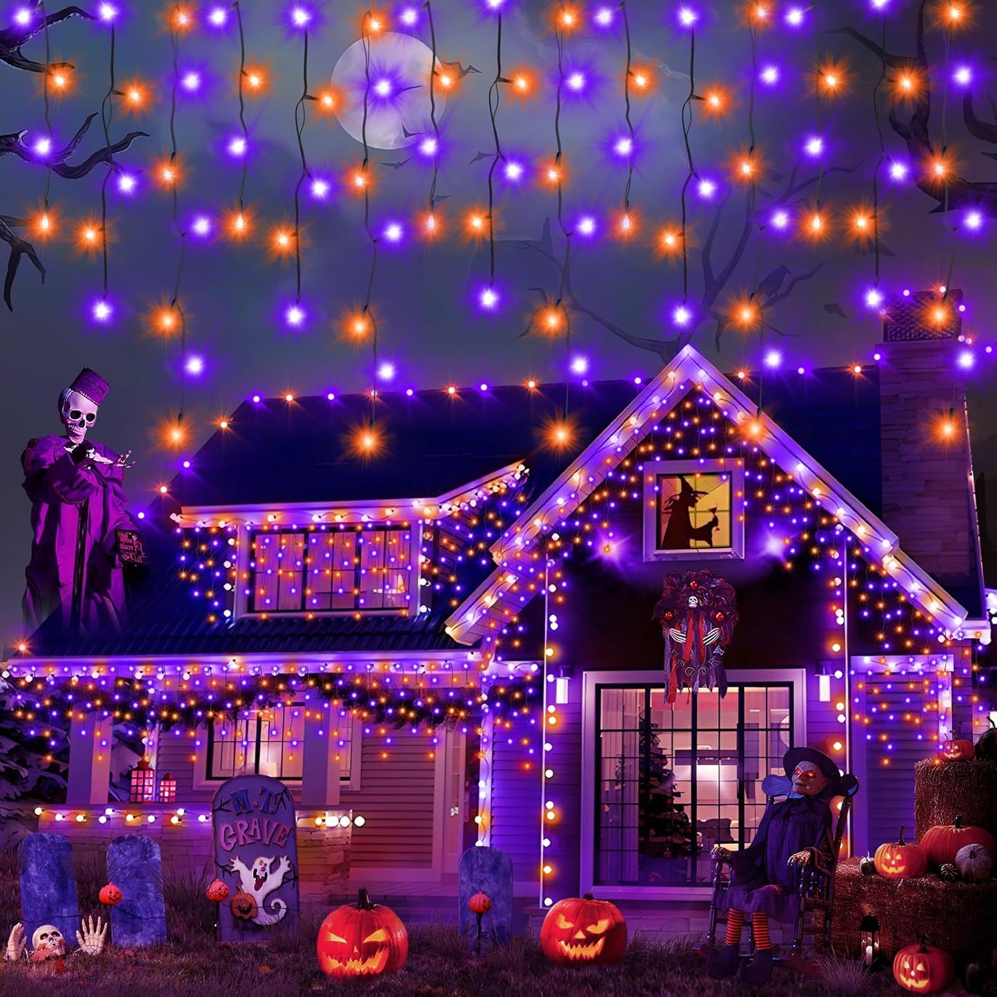 Halloween Lights Outdoor Decorations, 640 LED 66FT Orange and Purple Light, 8 Modes Plug in 120 Drops Ice String Lights with Timer Memory Function Hanging Light for Halloween Party Decor