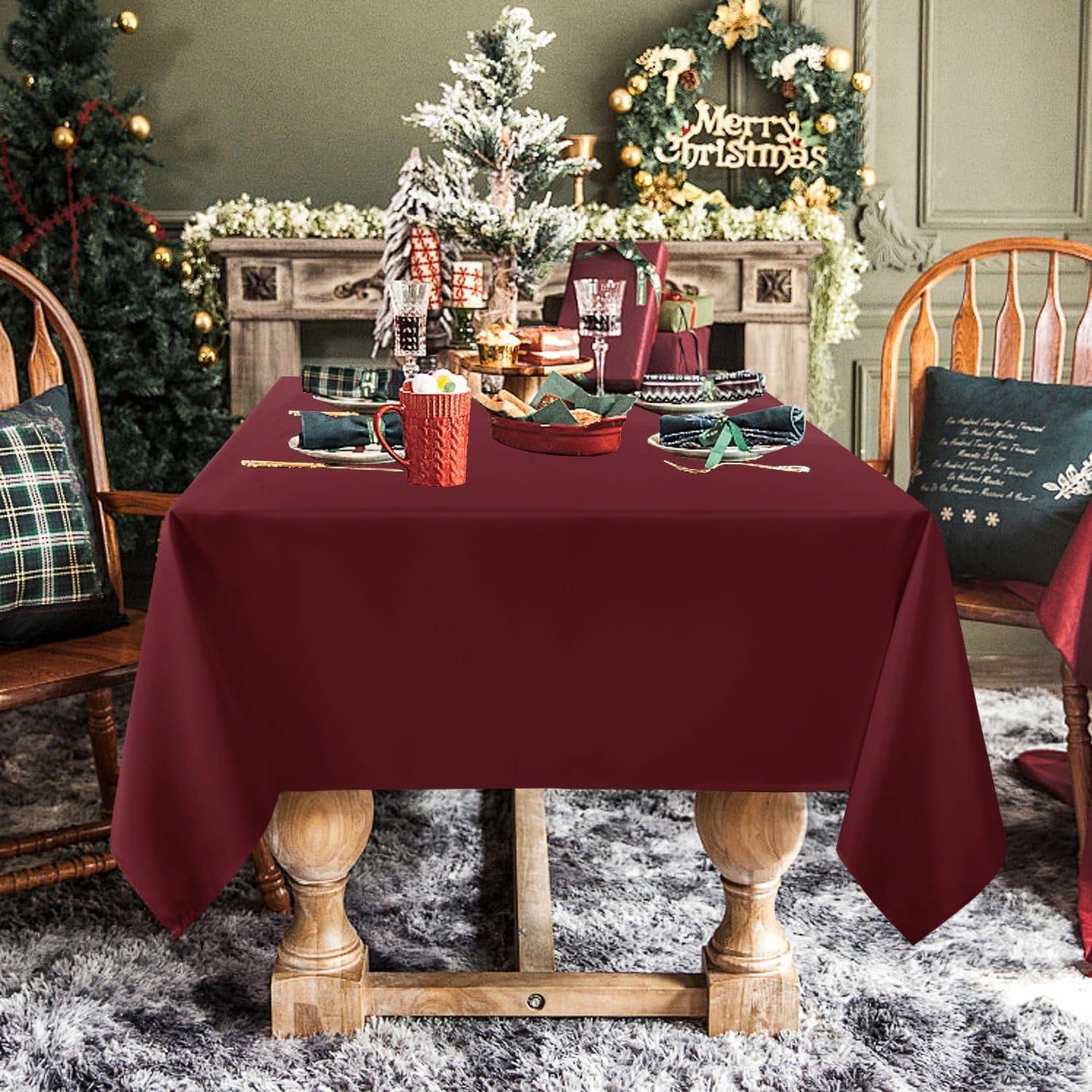 sancua Rectangle Tablecloth - 60 x 60 Inch - Stain and Wrinkle Resistant Washable Polyester Table Cloth, Decorative Fabric Table Cover for Dining Tables, Buffet Parties and Camping, Burgundy