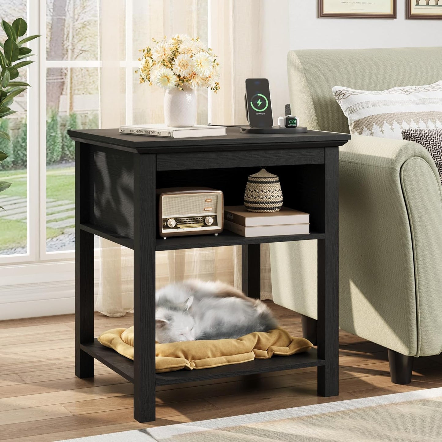 Rresyet Sliding Side Table with Charging Station & 2-Tier Storage,Farmhouse End Table, Wooden Nightstand for Bedroom & Living Room,Black
