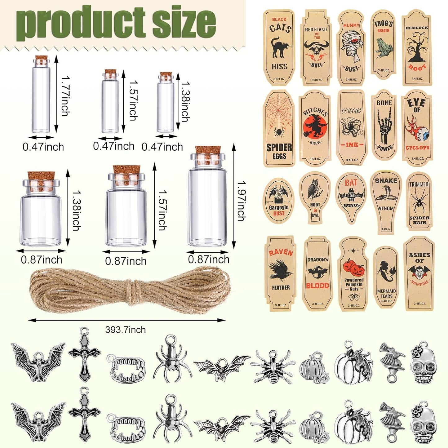 Newtay 53 Pcs Halloween Mini Potion Bottles Set Including 12 Decorative Glass Bottles with Cork Stoppers 20 Creepy Apothecary Bottle Labels Stickers 20 Charms Pendants 1 String (5/6/7/12 ML,Stylish)