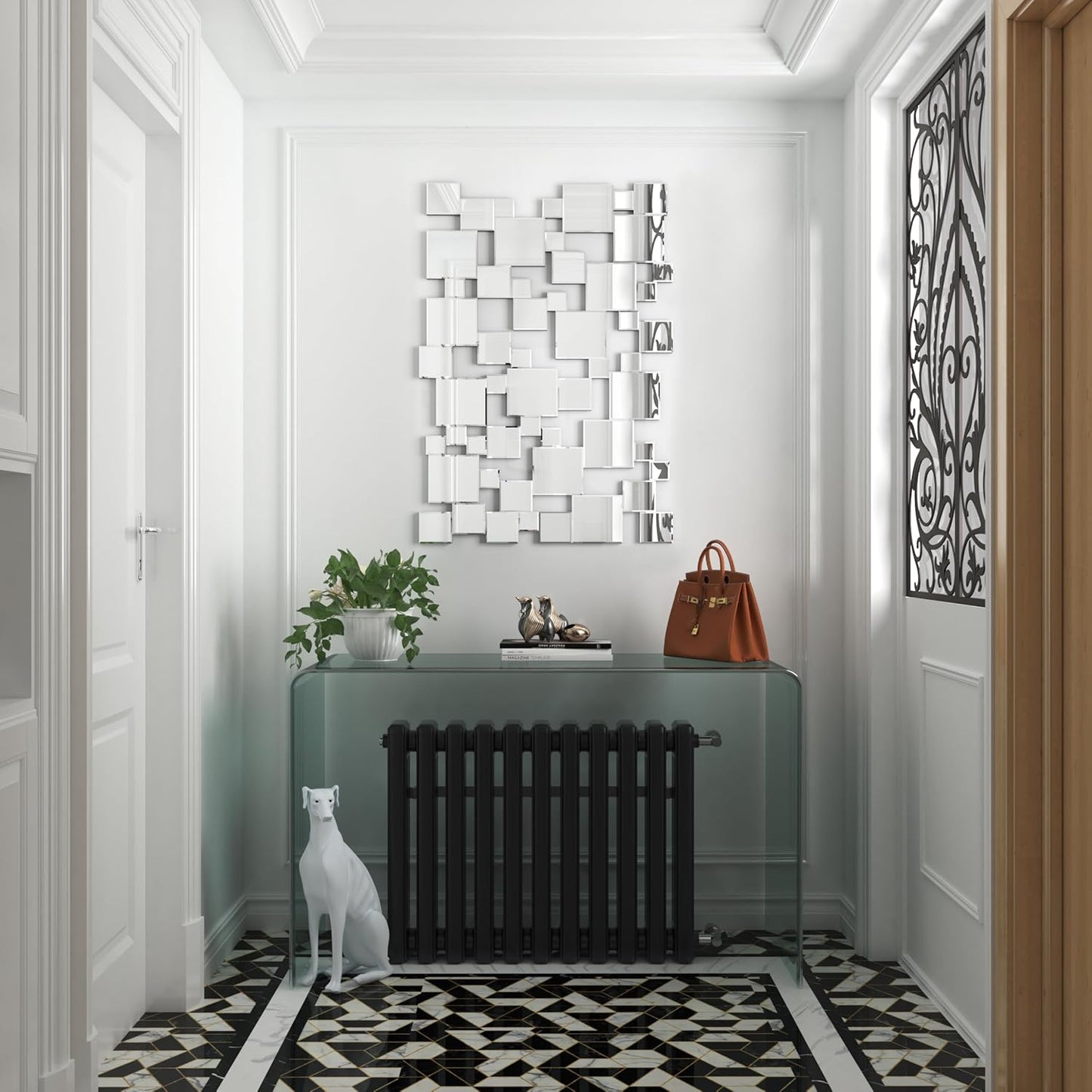 KOHROS Large Silver Wall Mirrors Decorative 48×32 Inch Modern Art Geometric Patchwork Mirror for Wall Decor, Living Room & Entryway Decor, 3D Space - Extending Wall - Mounted Mirror