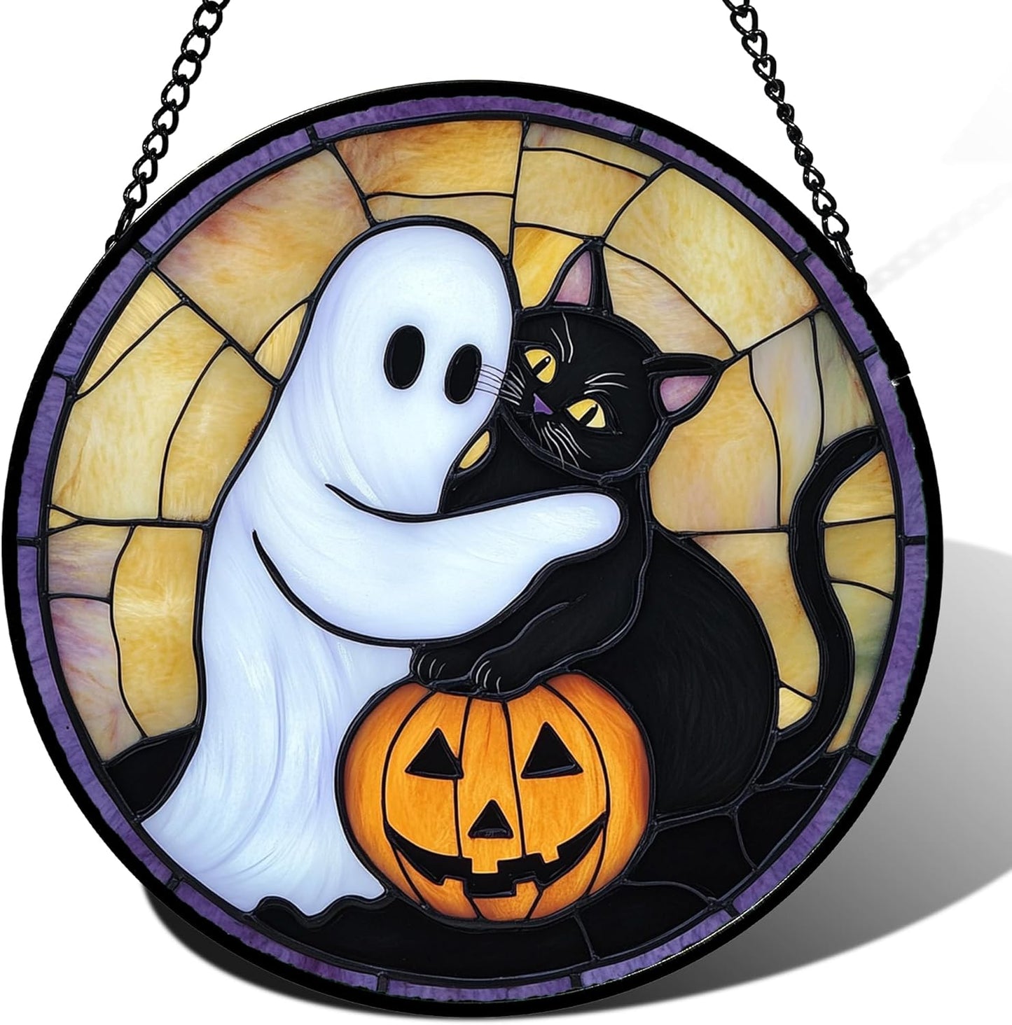Stained Glass Window Hanging - Halloween Decorations Cute White Ghost Black Cat Suncatcher for Doors Garden Spooky Sun Catchers Gothic Decor Horror Gifts for Women Men Friend Boy 9.8 in