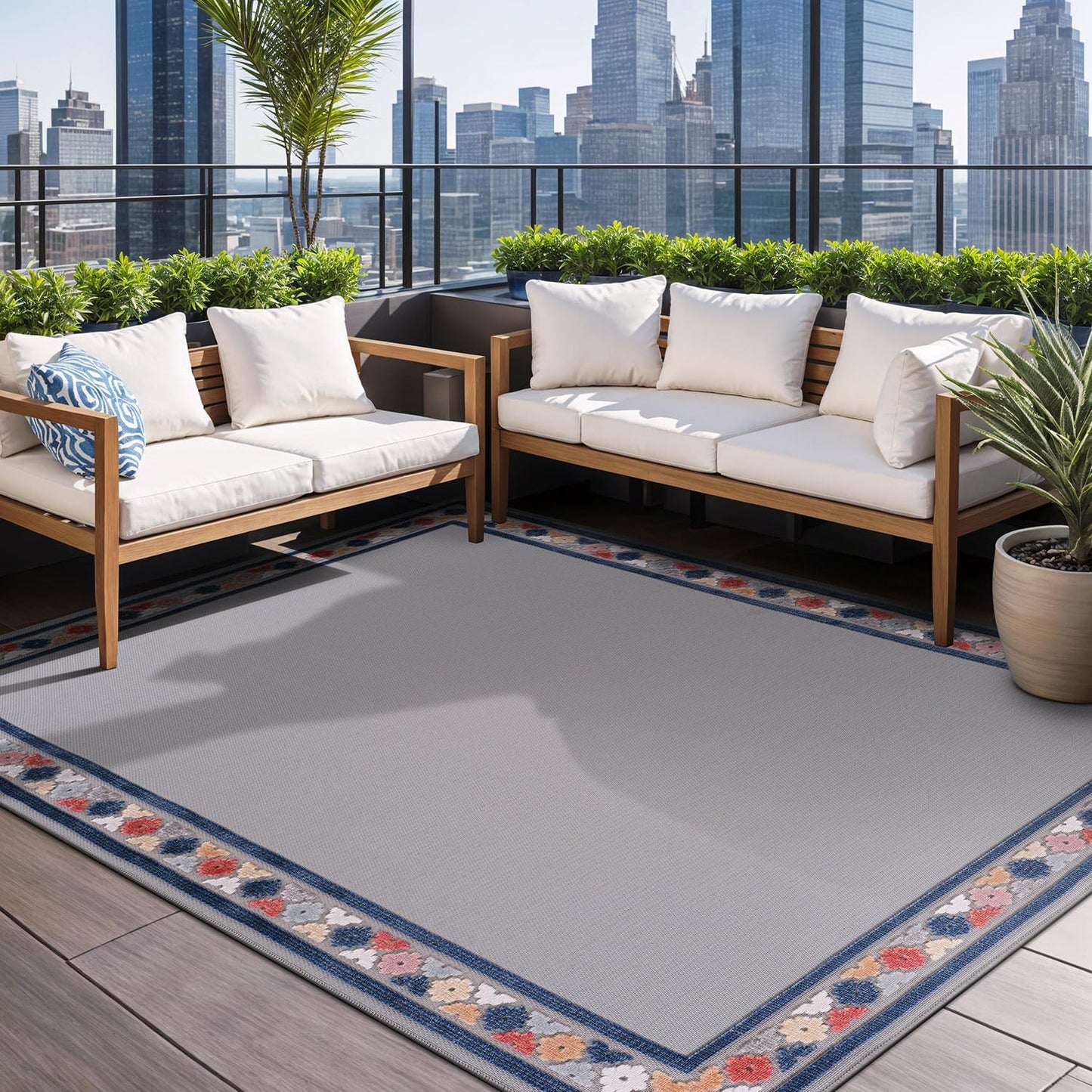 Beverly Rug Outdoor Rug 9x12 Modern Bordered Large Area Rugs for Indoor and Outdoor Patio Easy to Clean Non Shedding Living Room Porch Garden Washable Outside Carpet (9 x 12 Gray)