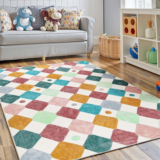 jinchan Area Rug 4x6 Kids Washable Indoor Floor Cover Non-Slip Modern Soft Rug Elementary School Classroom Colorful Diamond Carpet for Nursery Playroom Daycare Bedroom Living Room Confetti on Cream