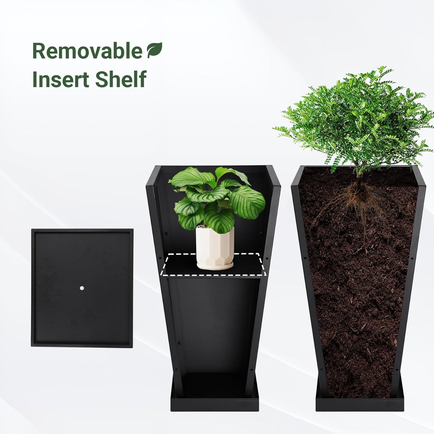 Metal Planter 30" H - 2 Pack, Tall Planters with Removable Insert Shelve & Saucer Trays, Metal Outdoor Planters for Porch, Garden, Patio, Yard (Black)