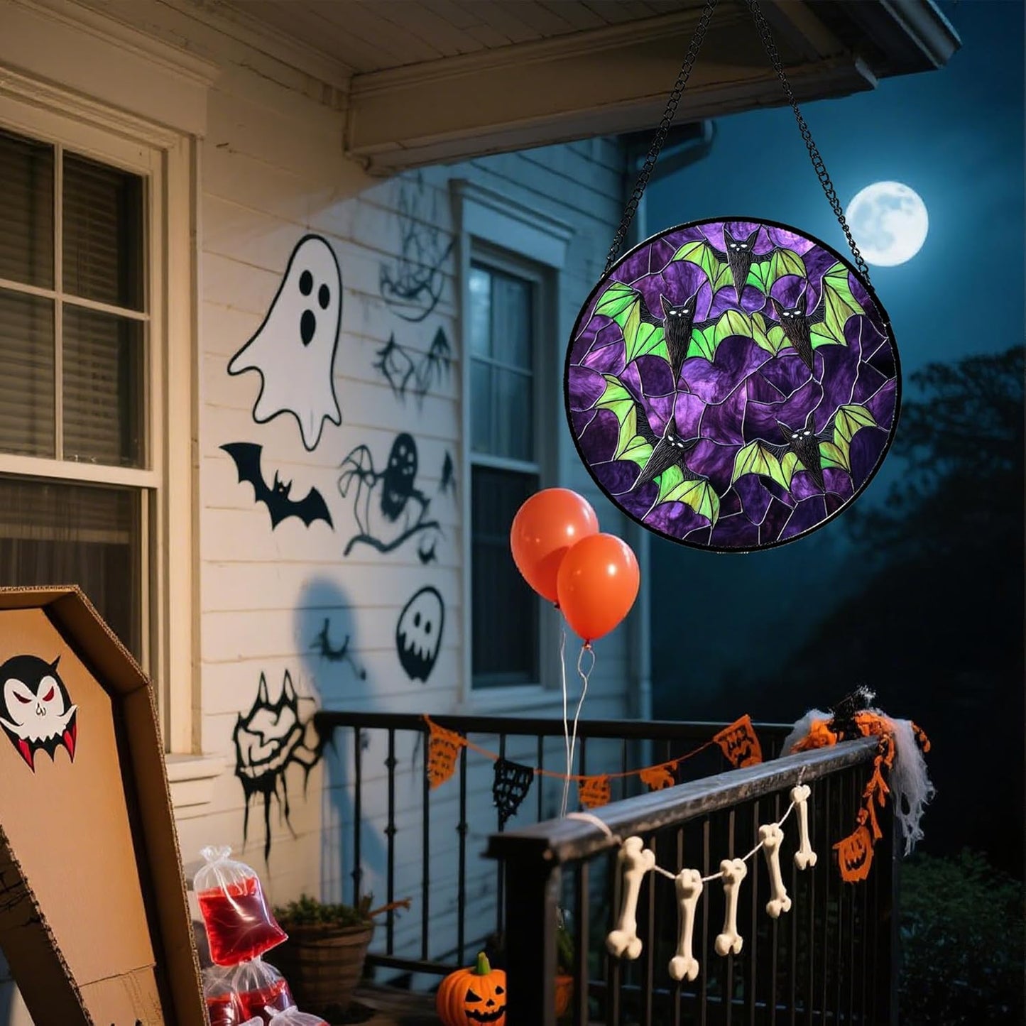 Stained Glass Window Hanging - Halloween Decorations Black Bat with Green Wings Suncatcher for Doors Garden Indoor Spooky Sun Catchers Gothic Decor Horror Gifts for Women Men Friend 11.8 in