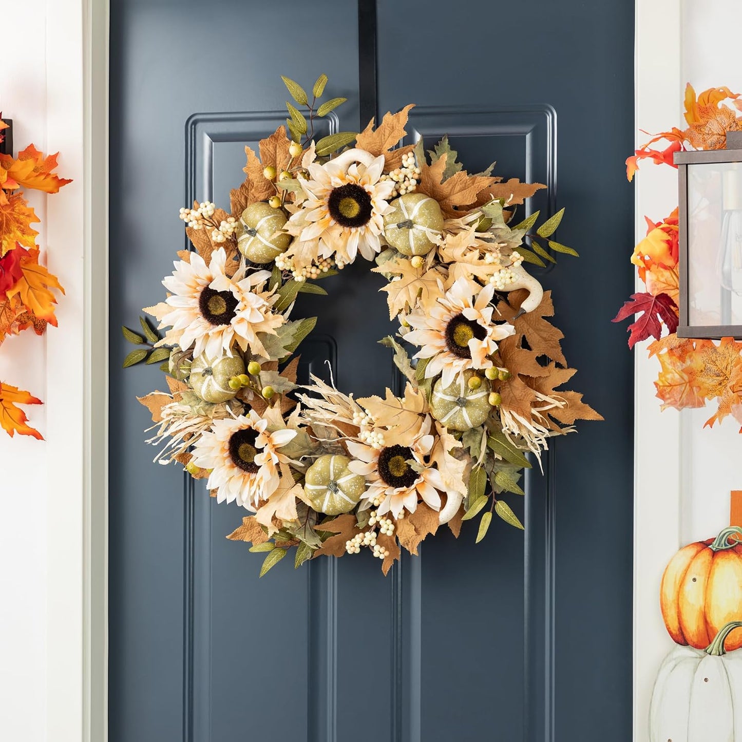 Glitzhome 24''D Artificial Fall Wreath for Front Door, Autumn Wreath with Sunflower, Pumpkin and Leaf, Metal Hanger for Farmhouse Indoor Outdoor Window Wall Door Decor