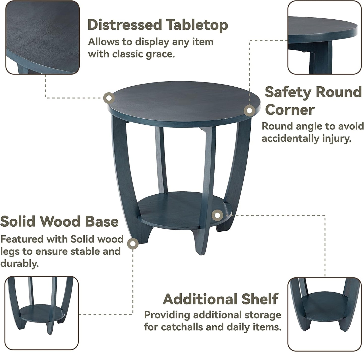 Rustic Farmhouse End Table with Storage Shelf, French Country Accent Side for Family, Dinning or Living Room, Small Spaces, Modern, Round, Vintage Blue Finish, Curved Leg