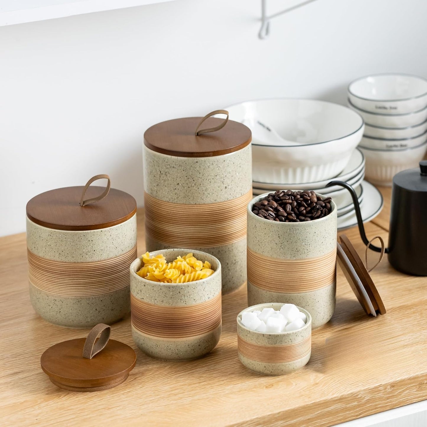 Ceramic Jar with Lid Airtight, Coffee Container Kitchen Food Storage Jars for Spice Sugar Tea Bag, Stackable Decorative Jars for Countertop, 18oz