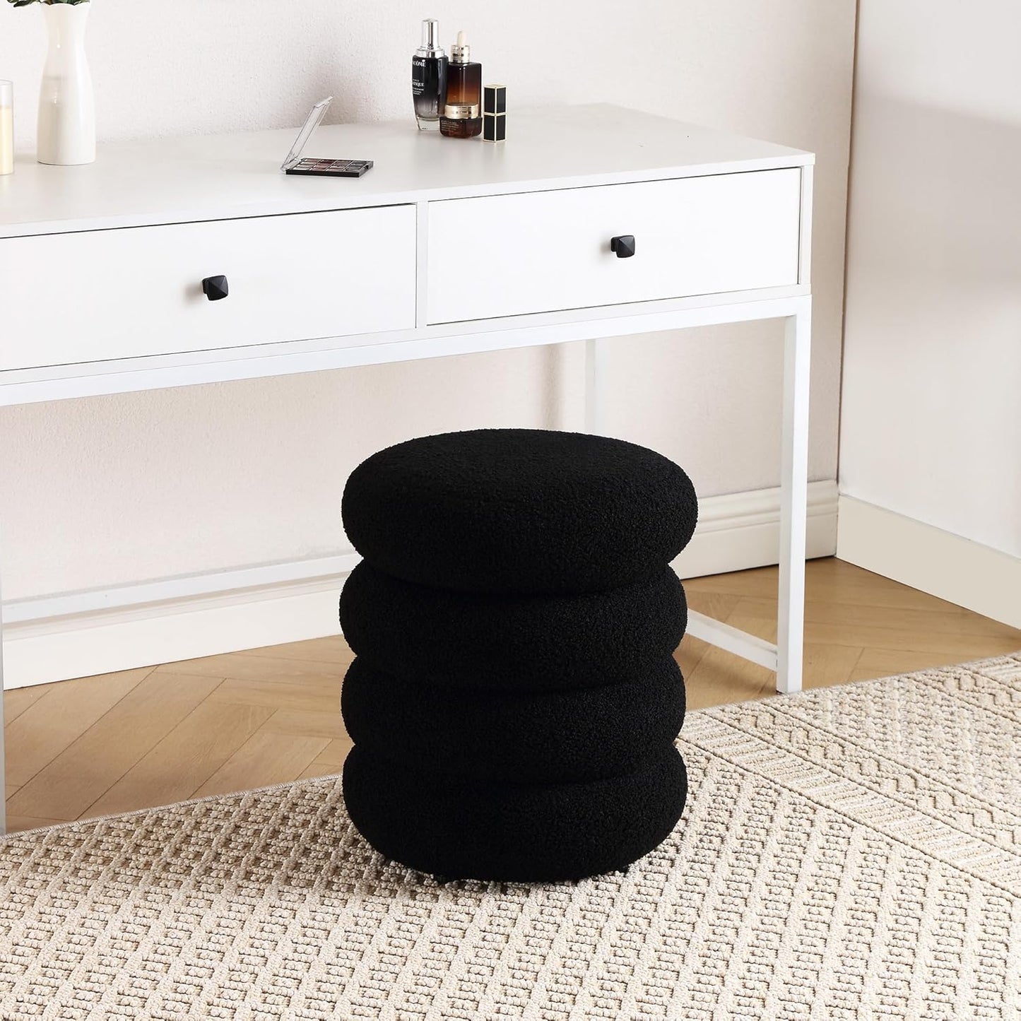 ONEVOG 16 Inch Small Ottoman Foot Rest, Sherpa Storage Ottoman for Toys, Black Vanity Stool Soft Tufted Fabric Pouf, Footstool Seat for Living Room, Dorm, Bedroom