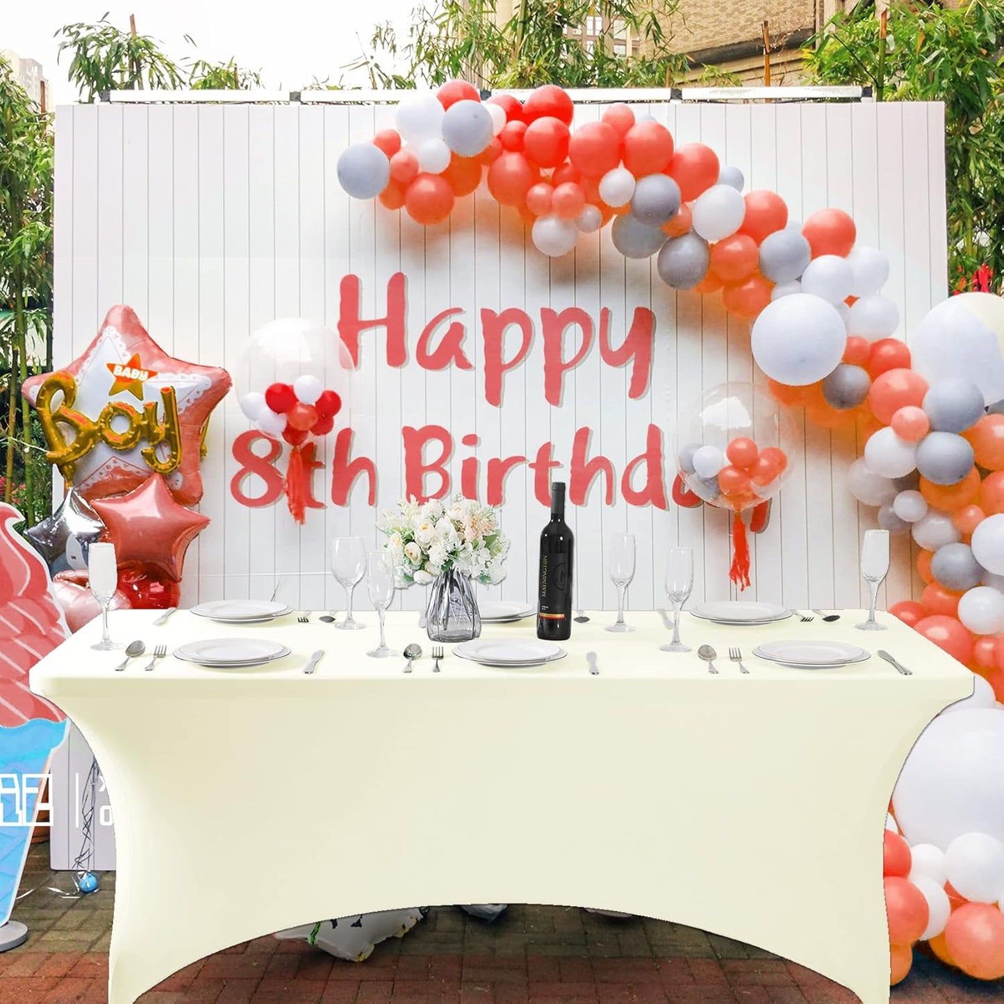 SuperO 2Pack Waterproof Spandex Table Cover for 8FT Table Universal Fitted Stretch Tablecloth for Party, Banquet, Wedding and Events-Ivory