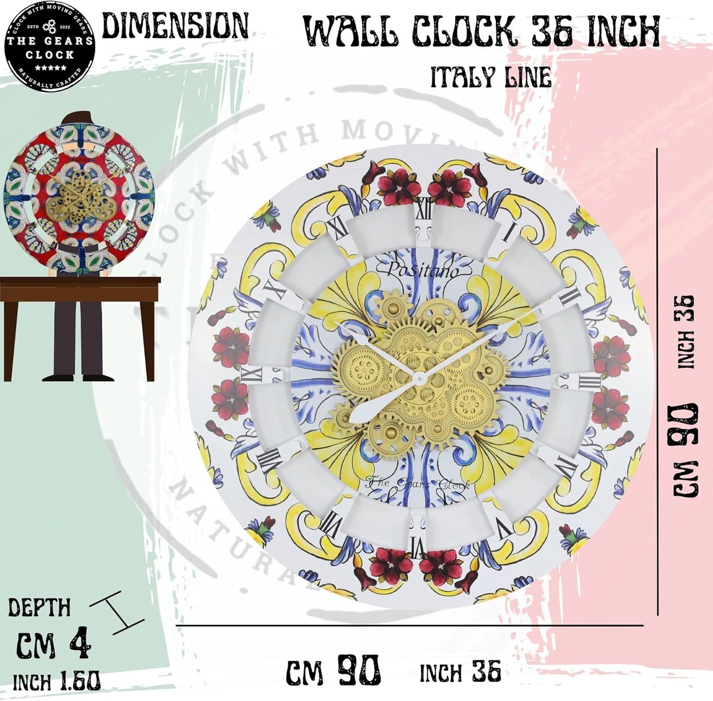 The Gears Clock Wall Clock Italy Collection with Moving Gears (Praiano, 36 inch Round)