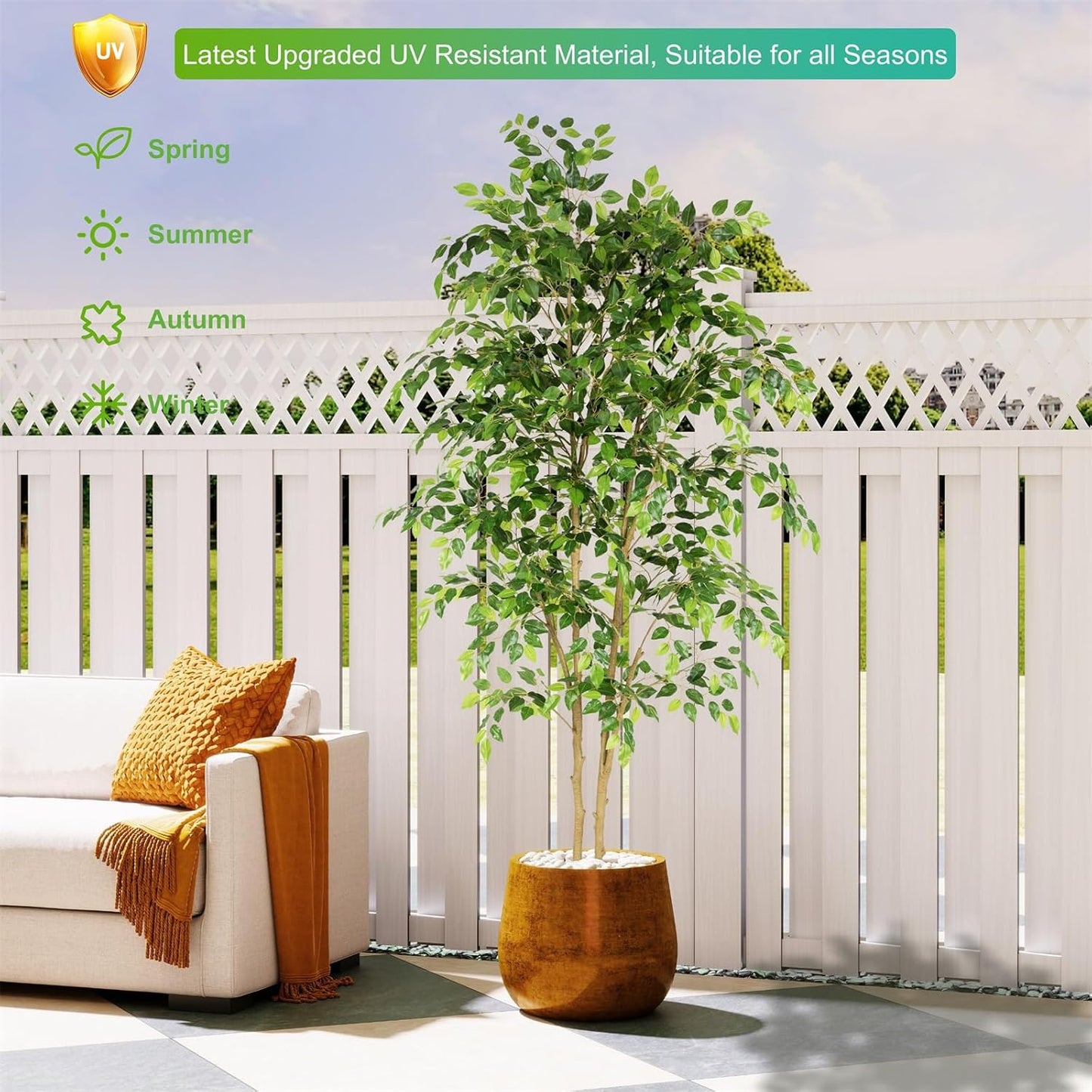 Tall UV Resistant Ficus Tree Artificial，6ft(72in) Faux Ficus Tree with Realistic Smooth and Shiny Leaves， Fake Trees Indoor Outdoor for Home Office Living Room Bedroom Foyer Porch Decor.