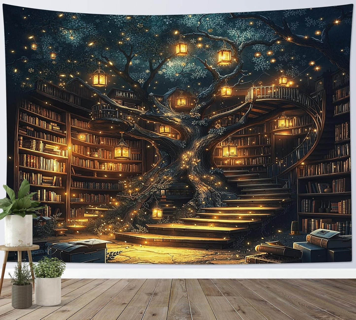 HVEST Fantasy Library Bookshelf Tapestry for Classroom Fairytale Tree Magic Bookshelf Wall Decor Retro Vintage Tapestry for Bedroom Living Room Study Room Dorm, 60L x 80W Inches