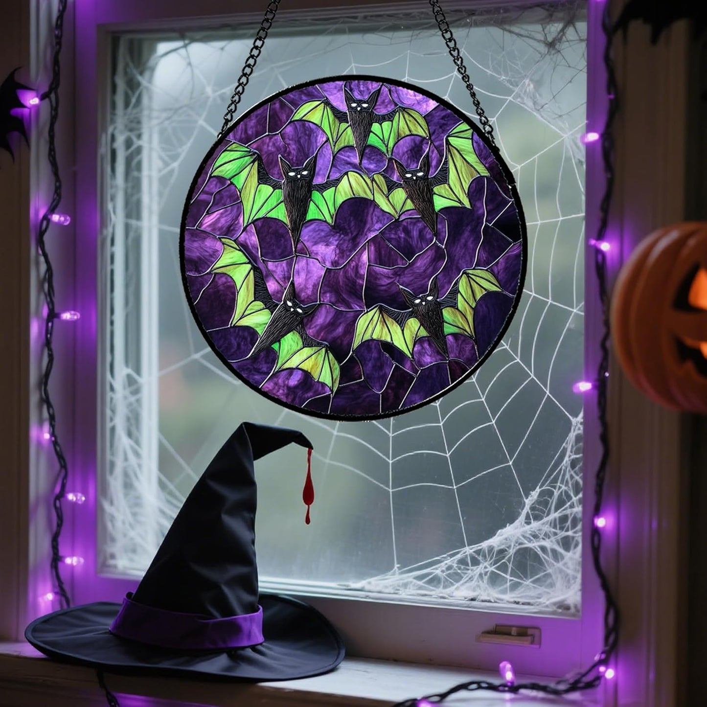 Stained Glass Window Hanging - Halloween Decorations Black Bat with Green Wings Suncatcher for Doors Garden Indoor Spooky Sun Catchers Gothic Decor Horror Gifts for Women Men Friend 6.3 in