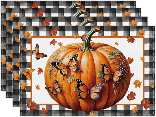 Linen Fall Placemats Set of 4 Fall Table Mats Farmhouse Pumpkin Butterfly Decor for Home Autumn Thanksgiving Home Kitchen Dining Room Table Decorations