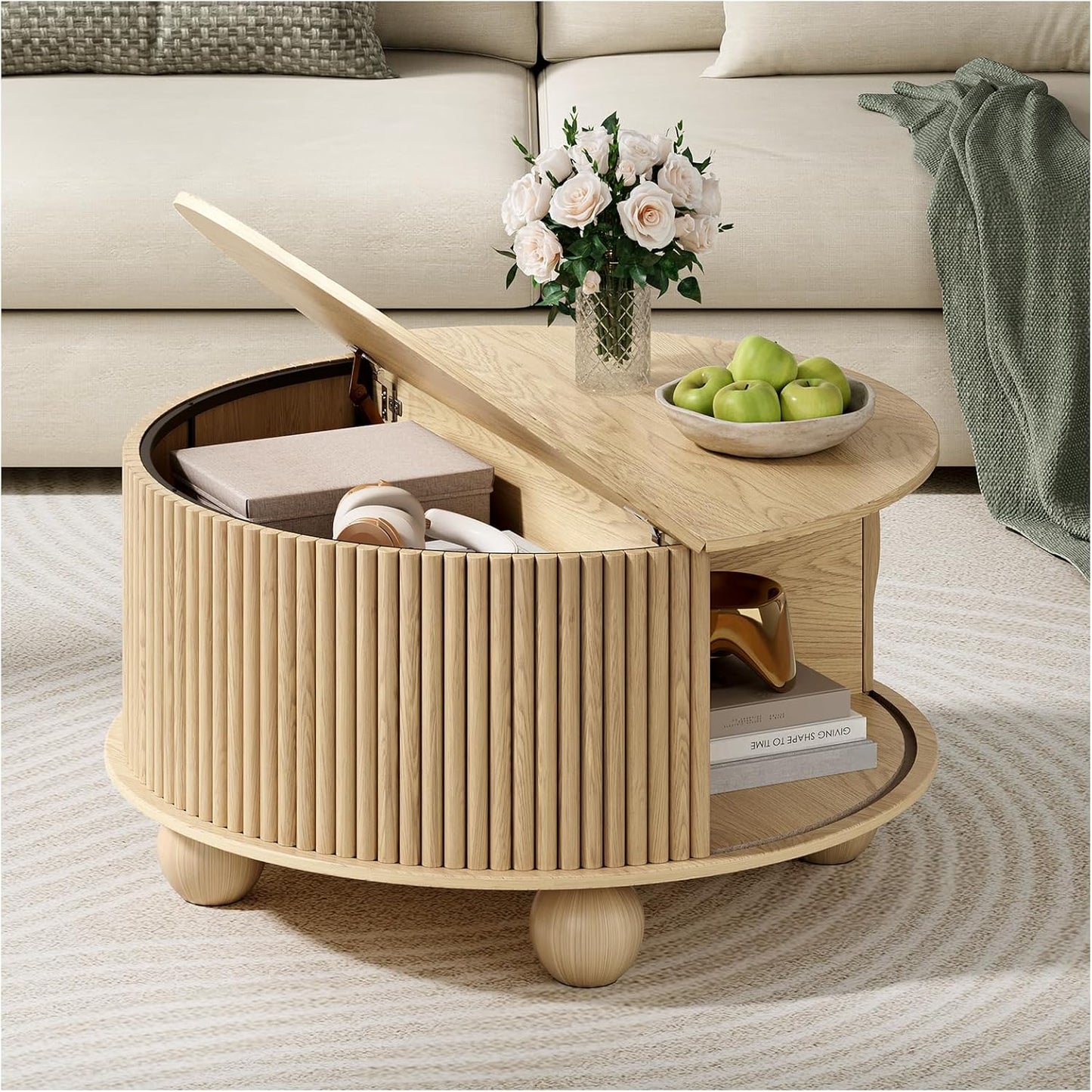 Round Coffee Table with Storage,Fluted Lift Up Coffee Table with Sliding Door,31.5" Drum Center Table with Bun Feet for Living Room,Home Small Space,Oak