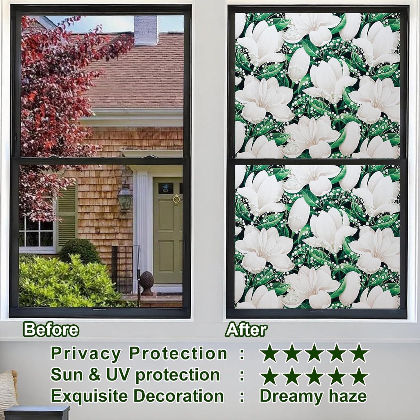 Window Privacy Film Stained Glass Decorative Static Clings Frosted Window Tint for Home Room Decor Bathroom Door Car Stickers with Glittering Effect, Removable(Magnolia Design)