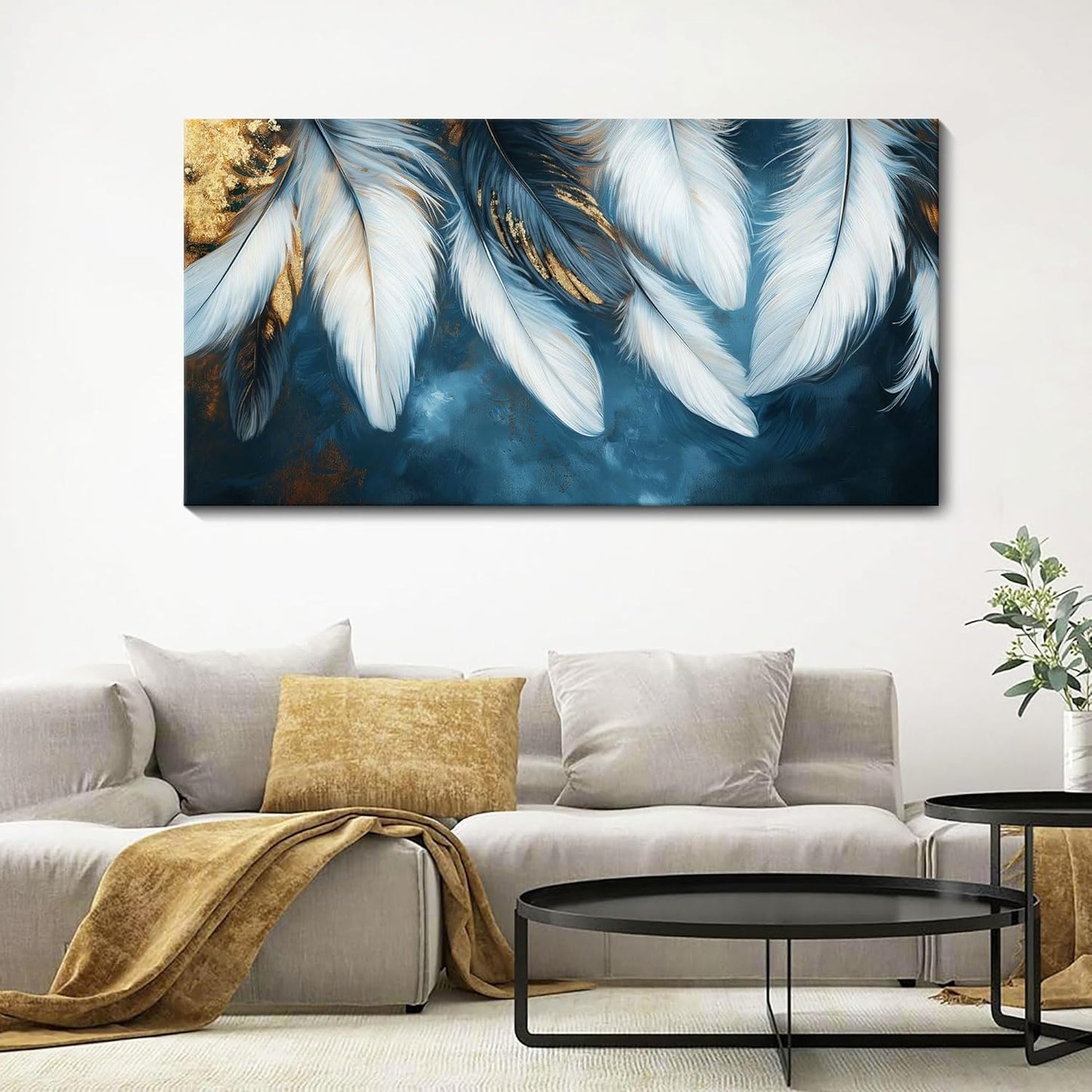 Mofutinpo Blue and Gold Wall Art Navy Blue Decor for Living Room Feather Canvas Art Wall Decor, Blue Bedroom Wall Decor Above Bed Pictures Wall Painting - Artwork for Walls 24×48IN