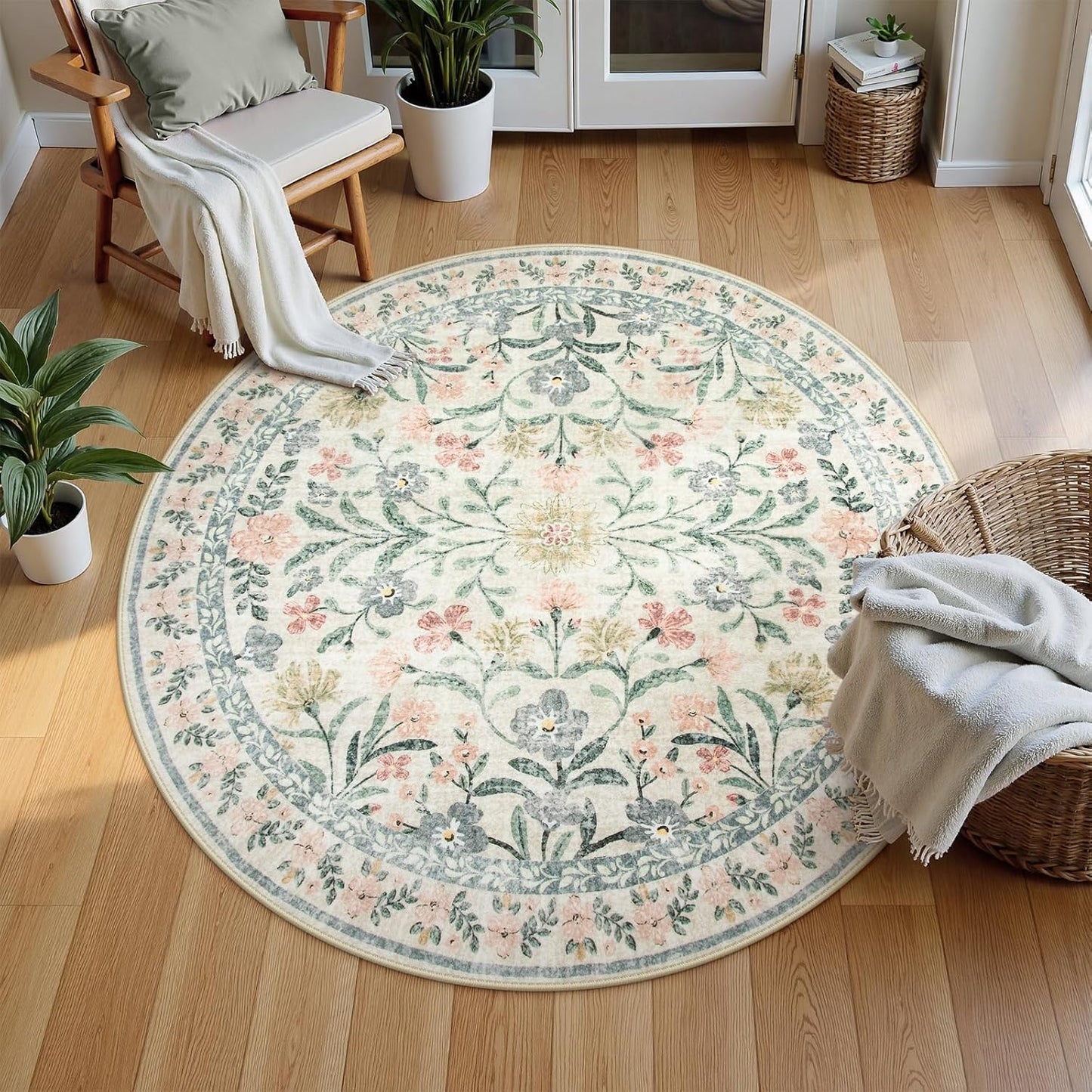 Wonnitar Floral Round Rugs 6ft, Boho Large Machine Washable Circle Rug, Low Pile Soft Flower Botanical Print Beige Round Carpet for Living Room Bedroom Dorm Sunroom