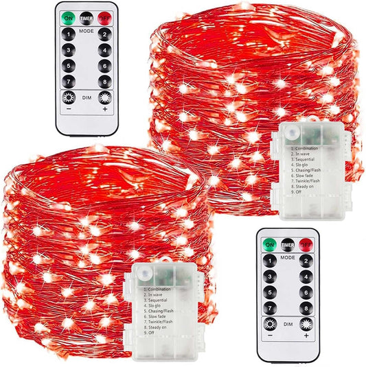 2 Pack 100LED Battery Operated Fairy Lights with Remote, 8 Modes LED String Lights with Timer, Dimmable, Memory Function, Waterproof Twinkle Lights for Outdoor Indoor Christmas Decor(Red)