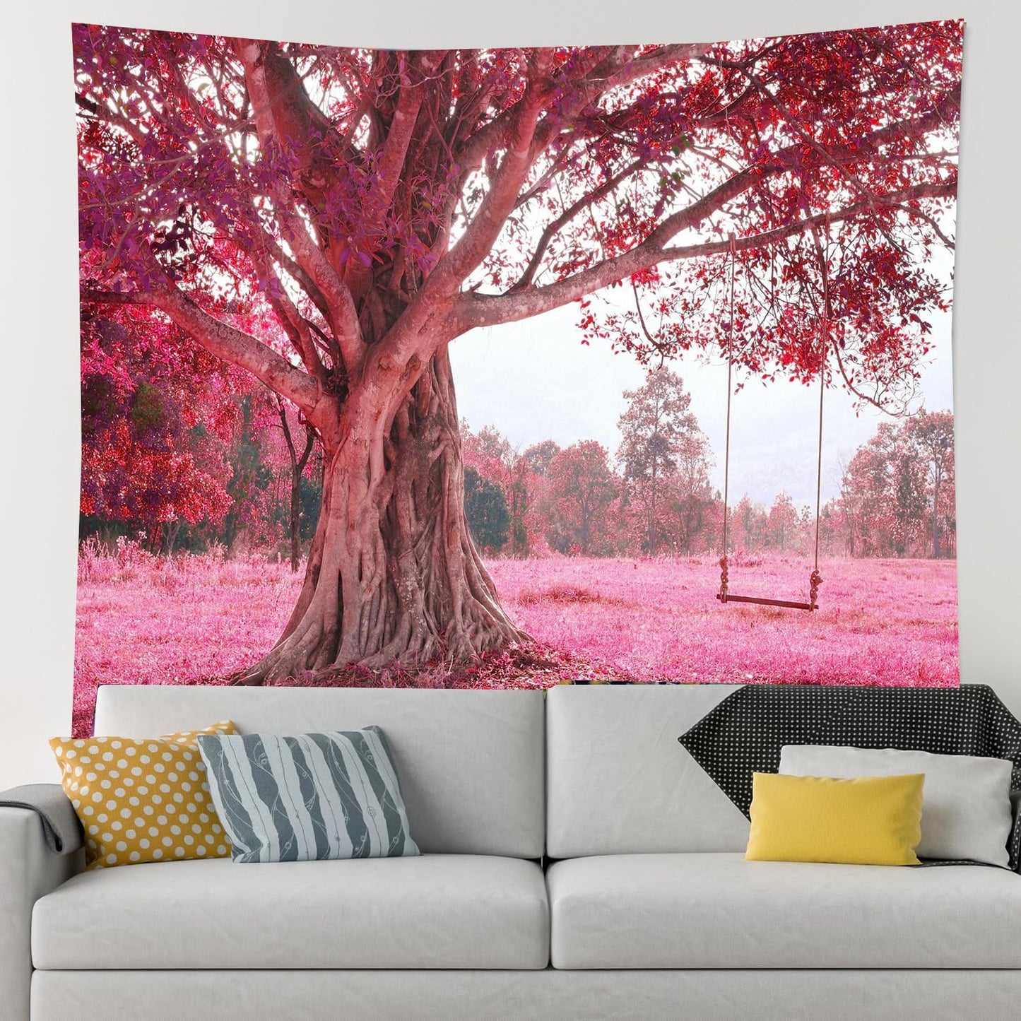 FENDROM Autumn Pink Flower Tapestry Window View Wall Hanging, Nature Forest Floral Trees Garden Scenic Tapestries for Living Room Home Office Dorm