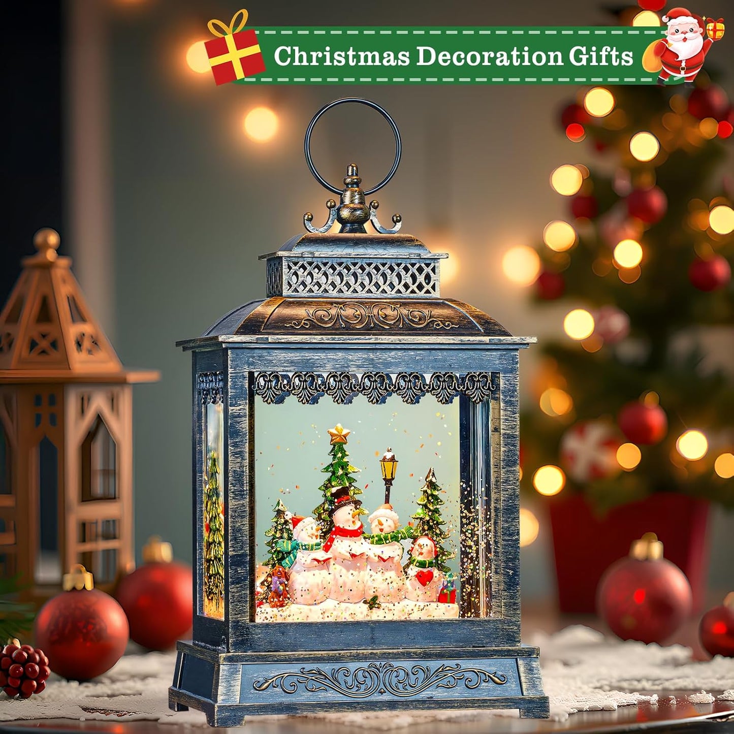 Christmas Snow Globes Lantern Christmas Snow Globe with Music Snowman Poetry,6H Timer,USB Lined/Battery Operated Lighted Lantern for Christmas Festival Decoration Gifts