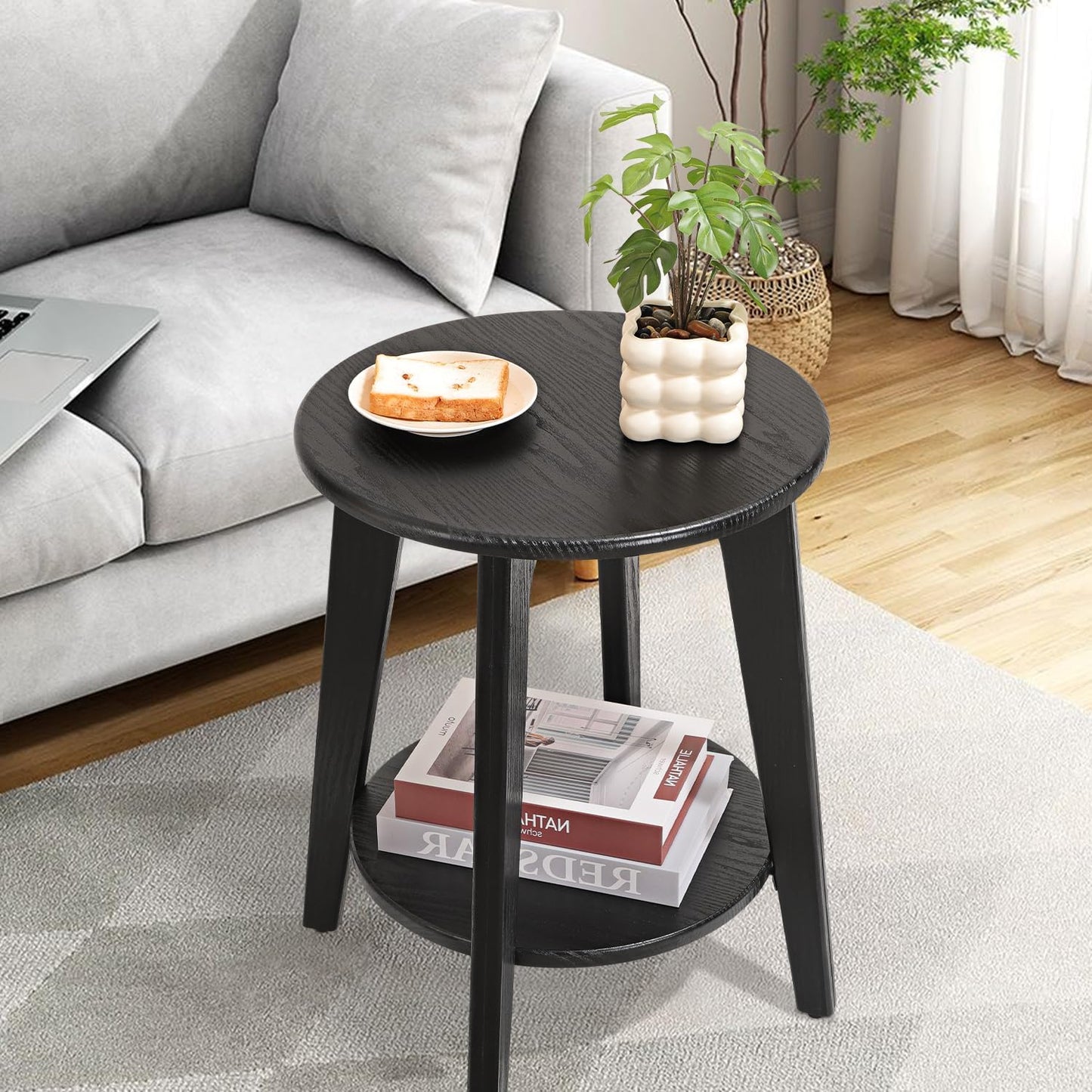 Side End Table Round Black Beside Table Sofa Table Nightstand Modern End Table 2-Tier Small Accent Tables Great for Small Spaces Living Room Bedroom