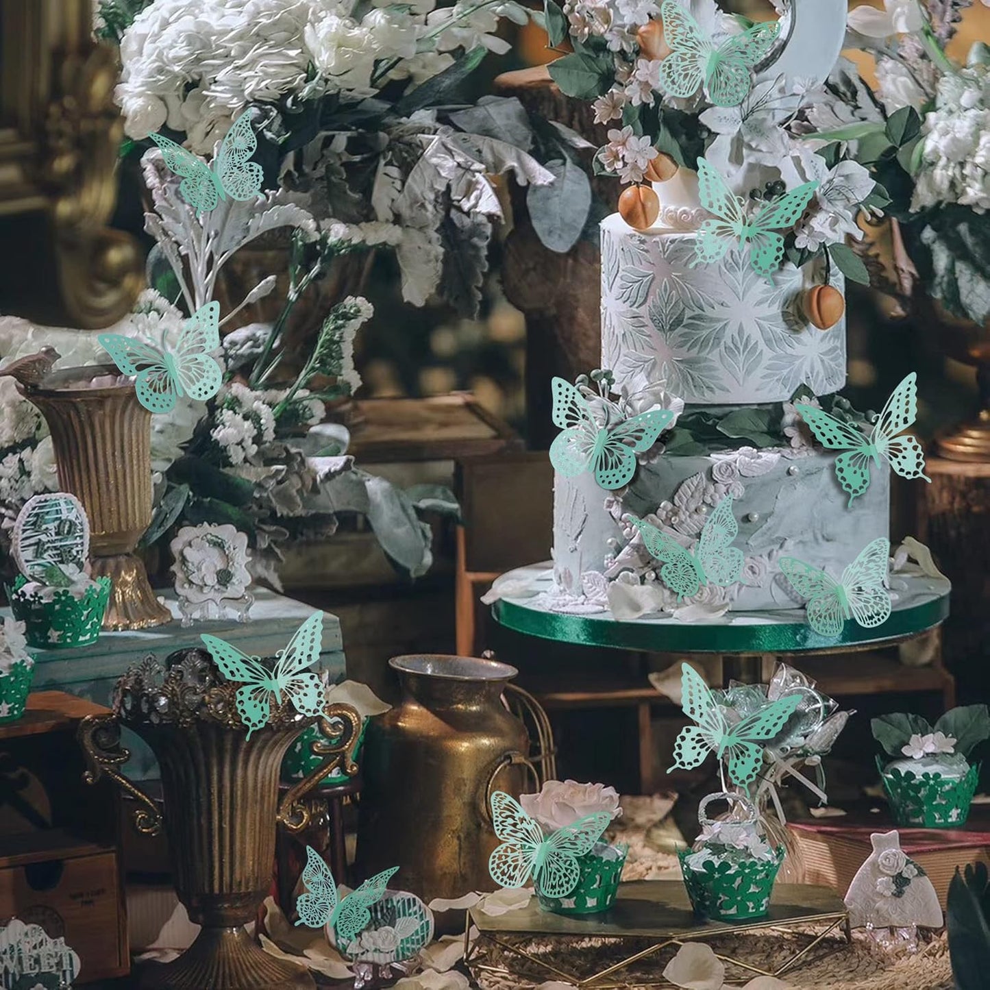 SAOROPEB 3D Butterfly Wall Decor 48 Pcs 4 Styles 3 Sizes, Butterfly Birthday Decorations&Butterfly Party Decorations&Butterfly Cake Decorations-Removable (Pale Turquoise)