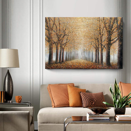 Large Tree Wall Art for Living Room Hand-Painted Forest Oil Painting Framed Yellow Grove Artwork Autumn Landscape Canvas Picture for Living Room Bedroom Home Decorations Wall Decor Large 48"x32"