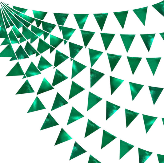 Green Party Decorations Triangle Pennant Banner Flag Dark Green Metallic Fabric Bunting Garland for Graduation Wedding Bridal Shower Birthday Baby Shower Holiday Retirement Game Party Supplies