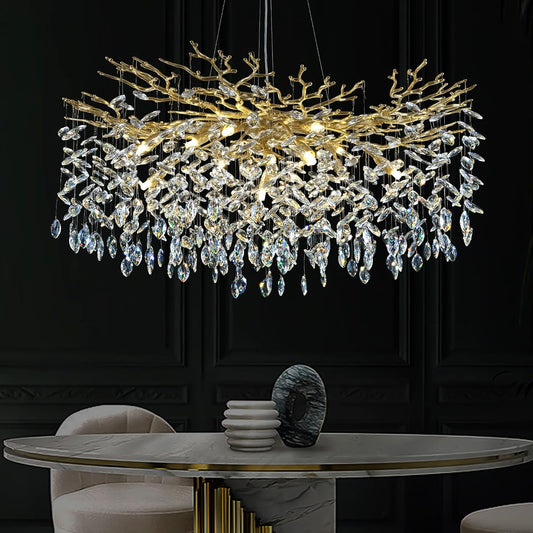 Modern Crystal Chandeliers for Dining Room Over Table, 40" Round Gold Tree Branche Chandelier, Large Crystal Chandelier for Living Room,High Ceiling,Foyer,Entryway,Kitchen Island,Staircase
