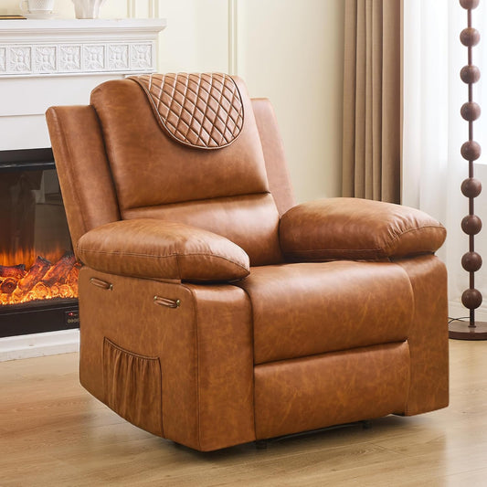 Recliner Chair with Electric Massage Adjustable Footrest & Heat, Manual Leather Recline for Adults Living Room Remote Control (Chestnut Brown)