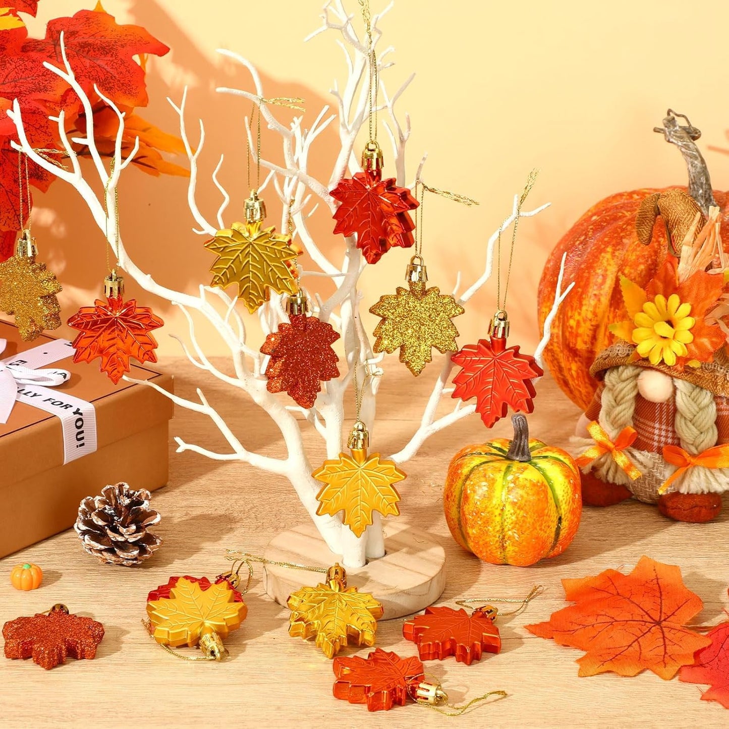 JULMELON 24 Pcs Fall Thanksgiving Maple Leaf Ornaments Tree Decorations Fall Autumn Mini Maple Hanging Ornaments with Rope Glitter Maple Pendant for Farmhouse Rustic Party Favors Supplies