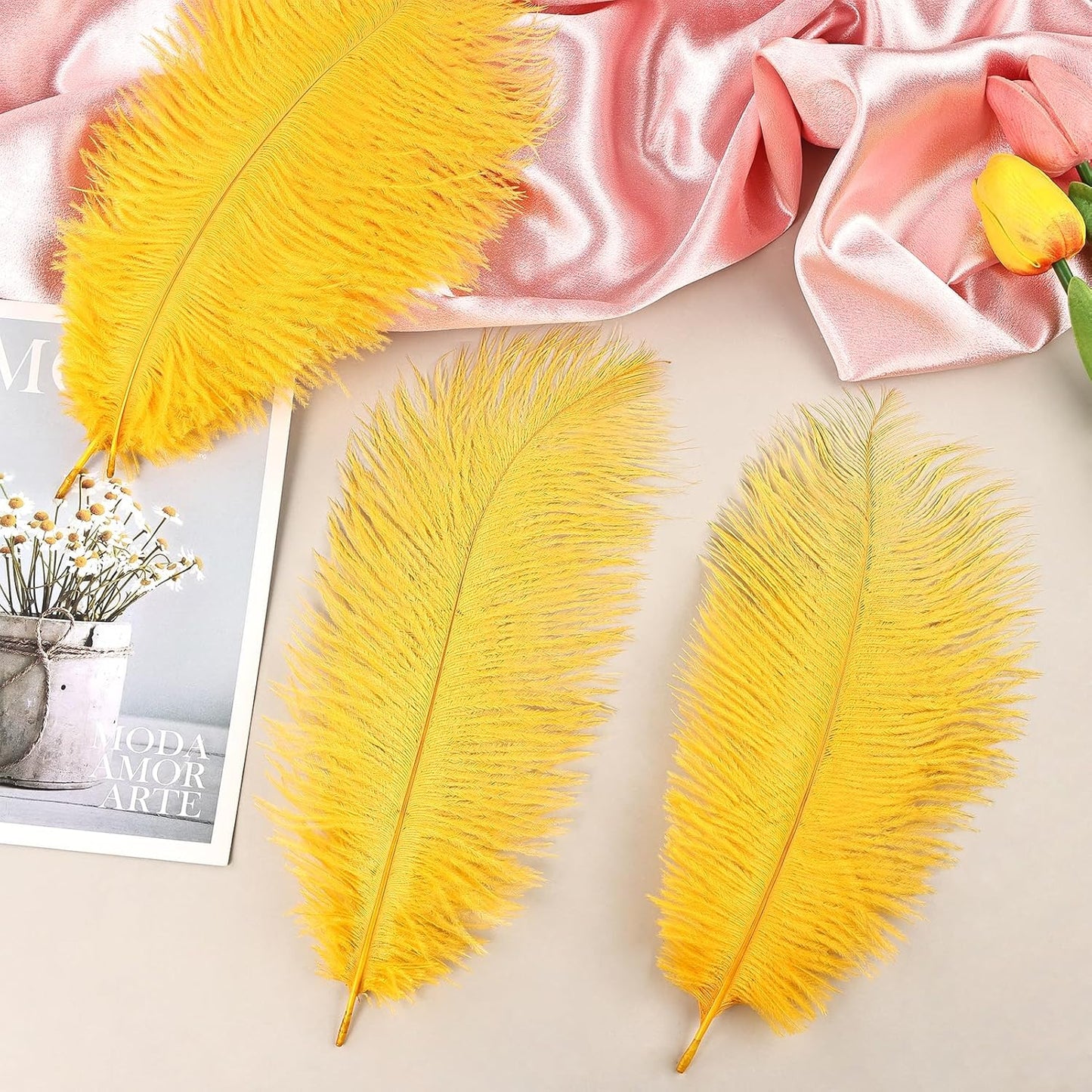 THARAHT Golden Yellow Ostrich Feathers 12pcs Natural Bulk 8-10Inch 20cm-25cm for Crafts Wedding Party Centerpieces Halloween and Home Decoration Feathers