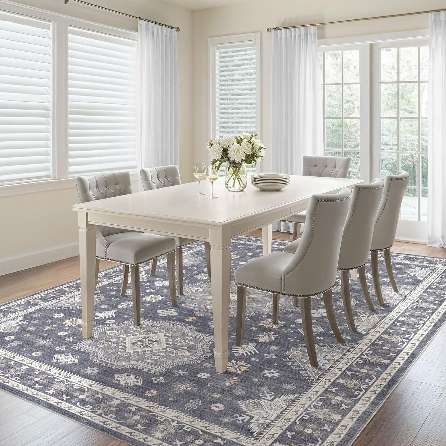 Washable Area Rugs for Living Room - 7x9 Neutral Vintage Distressed Floral Farmhouse Boho Large Soft Floor Rug Indoor Non Slip Carpet for Living Room Bedroom Dining Room Office - Denim Blue/Grey