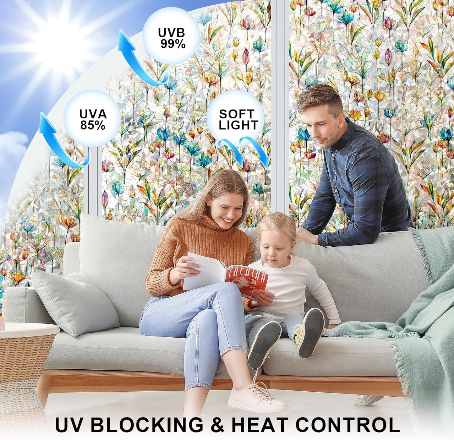 Rainbow Window Privacy Film 3D Floral Decorative Stained Glass Window Film Anti UV Non-Adhesive Reusable 23.6" x 157.4" for Home Room Car Glass Cling