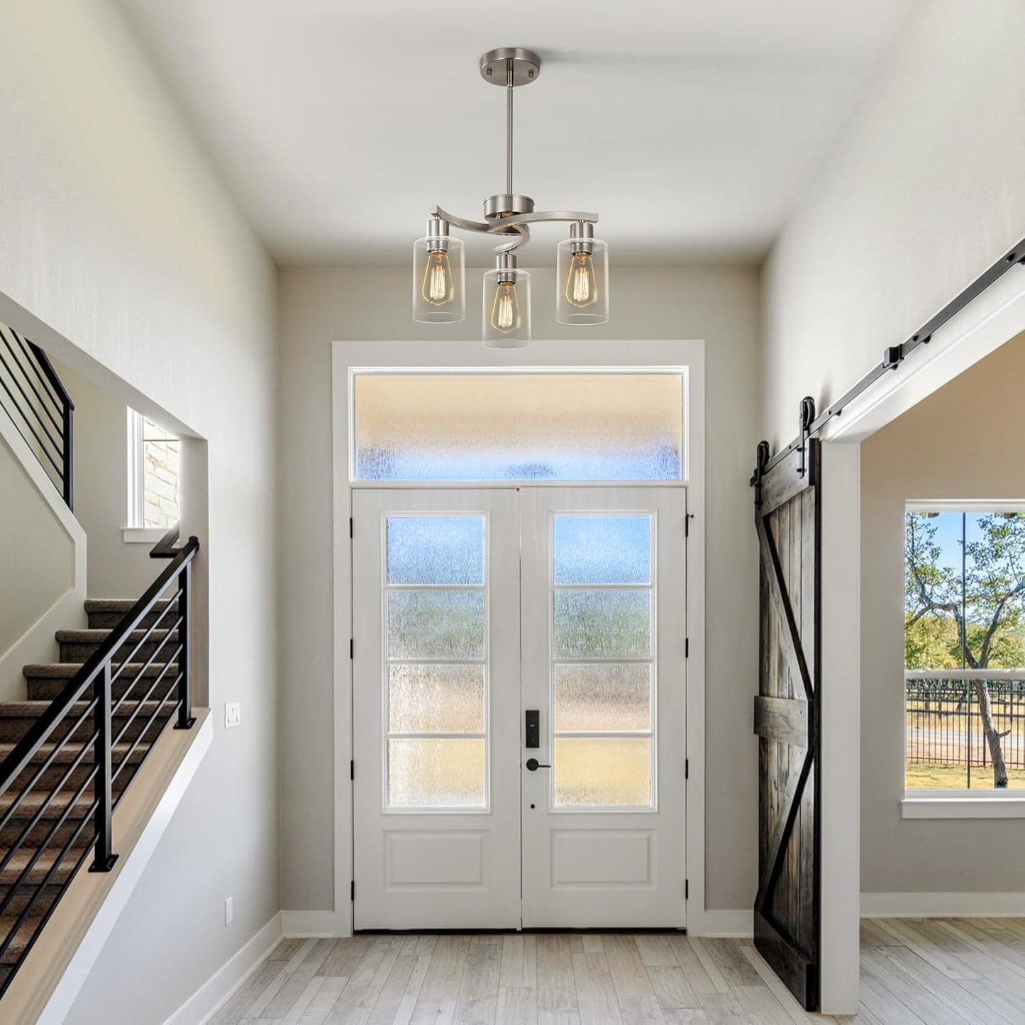 3-Light Brushed Nickel Pendant Lighting for Kitchen Island, Hanging Dining Room Light Fixtures Over Table, Industrial Chandelier for Entryway Hallway Foyer Bedroom, Clear Glass Shade
