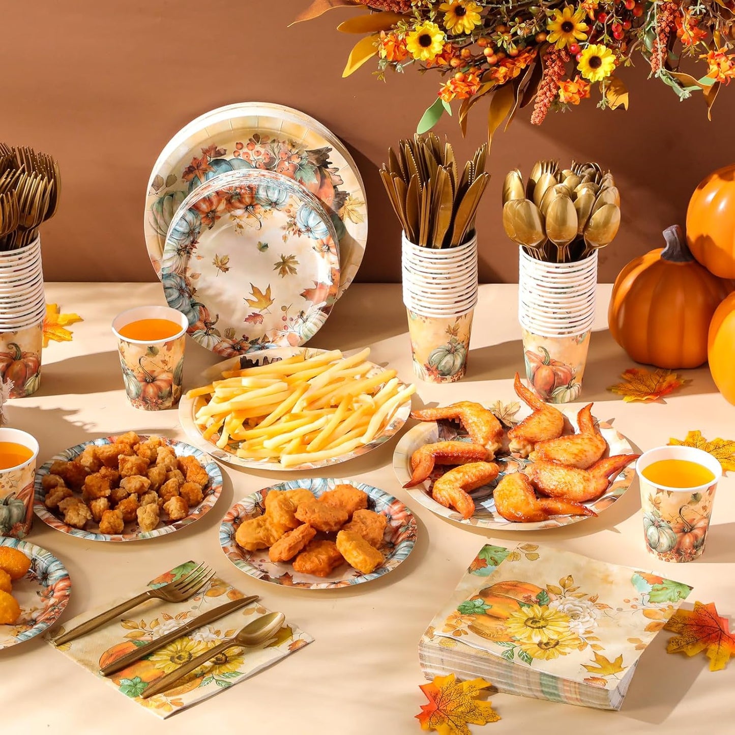 350 Pcs Thanksgiving Fall Party Supplies Maple Leaf Dinnerware Set Disposable Plates Napkins Paper Cups Plastic Cutlery for Autumn Thanksgiving Harvest Party Decor Serves 50(Pumpkin)