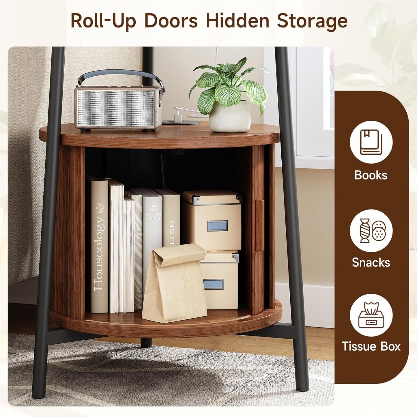 Round Side Table with Storage, Fluted Nightstand with Charging Station, Small Mid-Century Modern Bedside Tables, Walnut End Tables for Small Space Living Room Bedroom Sofa Couch