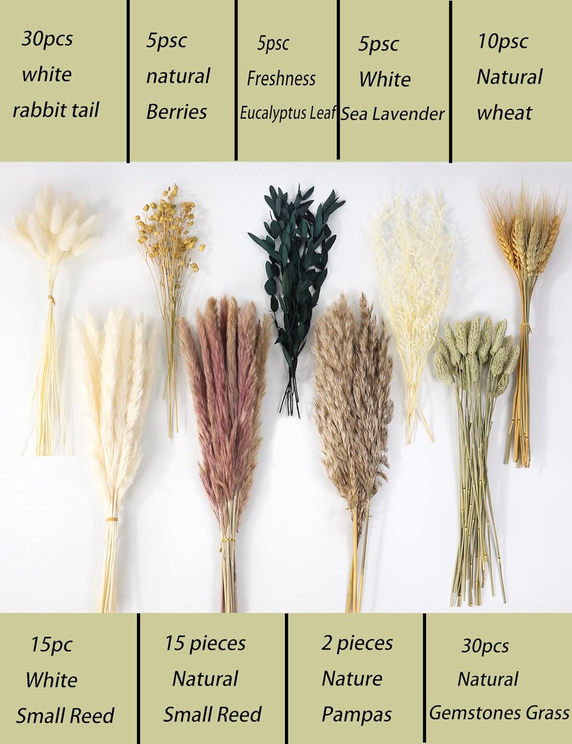 126pcs Dried Pampas Grass Decorations, Dried Flowers, Dried Bouquet in Vase, Reed Grass Bouquet for Boho Floral Wedding, Rustic Farmhouse Decor. (Vase Not Included)