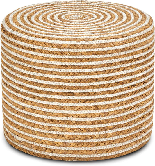 Wimarsbon 18'' Ottoman Pouf, Natural Braided Poof, Rustic Handweave Lounge Pouffe, Boho Footrest Stool for Bedroom, Accent Table or Seat for Living Room (Natural Water Hyacinth + White Cotton Rope)