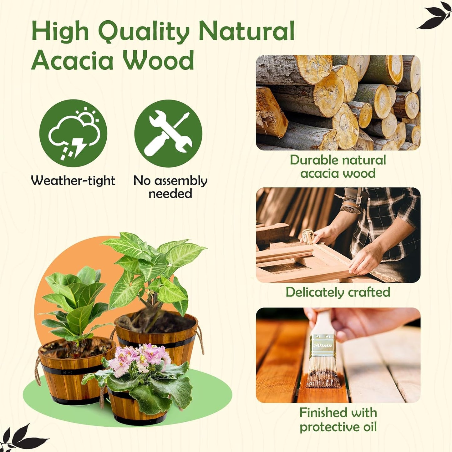 IDZO Set of 3 Wooden Flower Boxes Outdoor, Durable Acacia Wood Barrel Planters for Outdoor Plants with Ergonomic Handles, Drainage Holes, Multiple Sizes Wood Bucket Planter for Home Décor